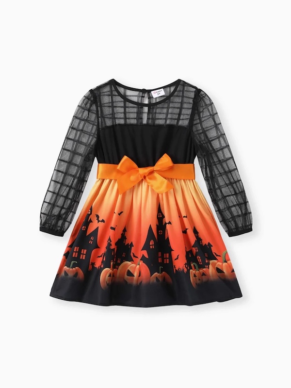 PatPat（パットパット）の女の子 ハロウィンパンプキンプリントメッシュドレス