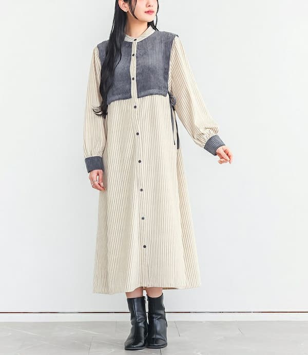 osharewalker（オシャレウォーカー）のサイドリボン異素材ストライプワンピース