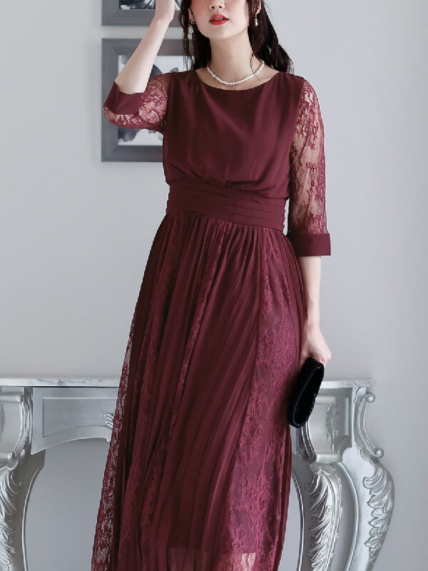 レース＆プリーツロングドレス