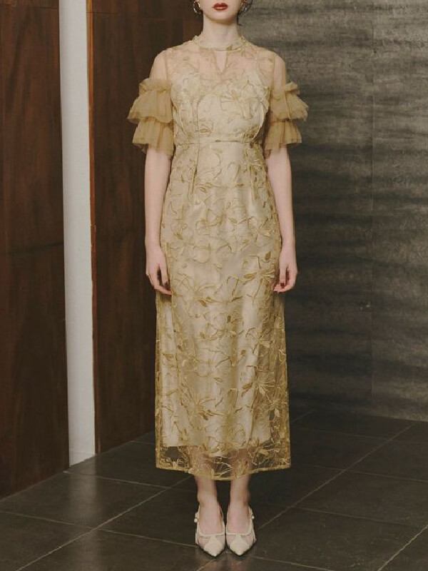 key neck embroidery dress