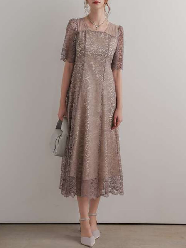 スクエアネックレースフレアドレス