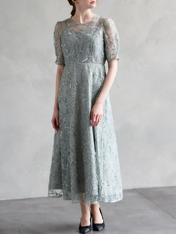 フラワーレースボリュームスリーブタイトドレス