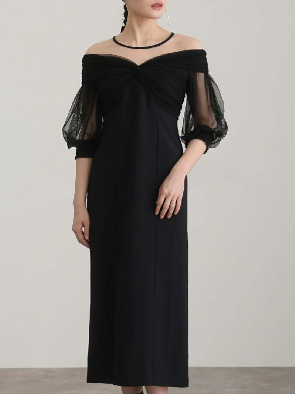 チュールカシュクールオフショルダードレス