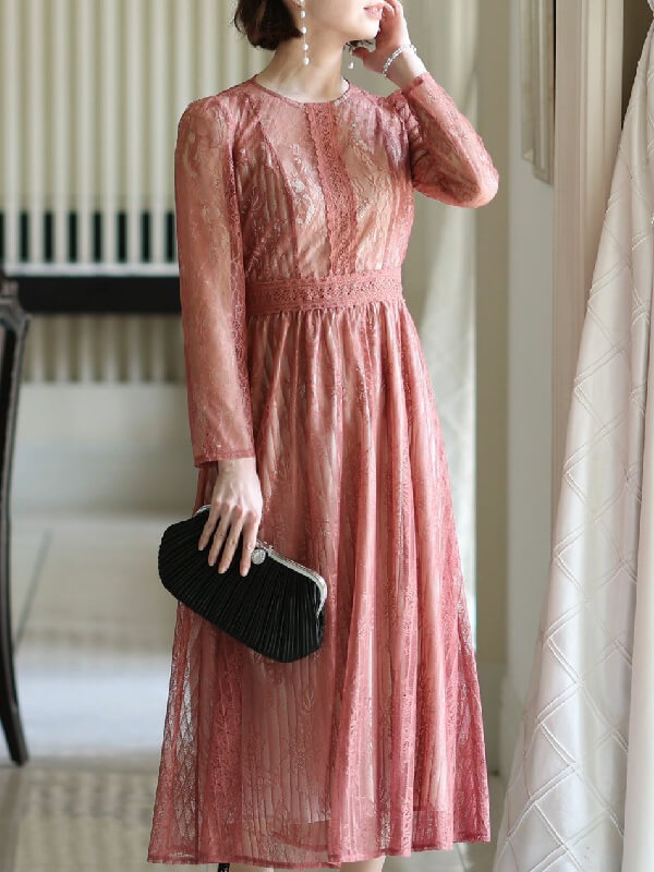 ストライプ×フラワーレースワンピース