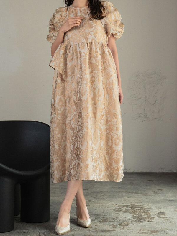 パフスリーブ×アシンメトリーフリルジャガードミモレ丈ワンピース