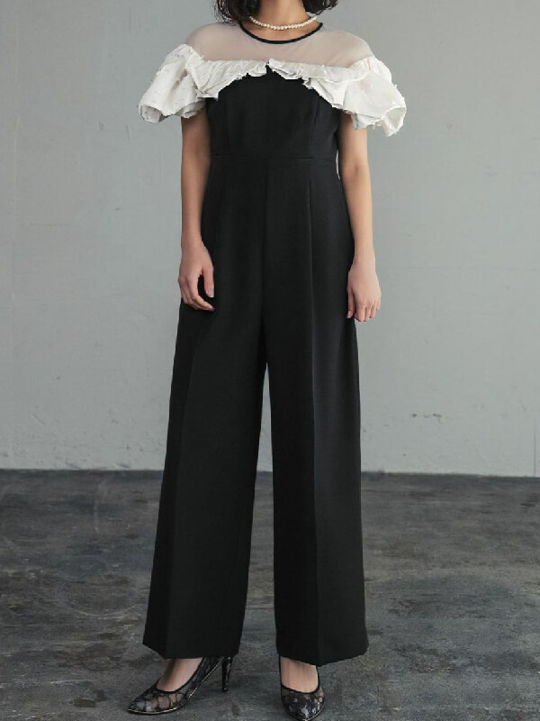 リボンカットジャガードフリルオールインワンパンツドレス