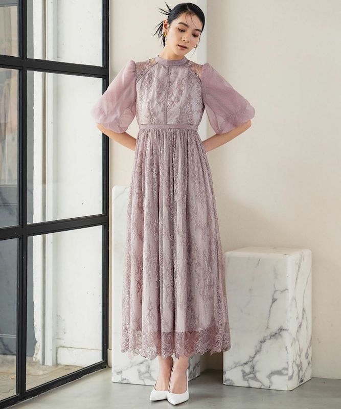 RIVER FIELD＆CO.（リバーフィールド＆コー）のGIRL 総レースハイネックバルーンスリーブロング丈 パーティードレス